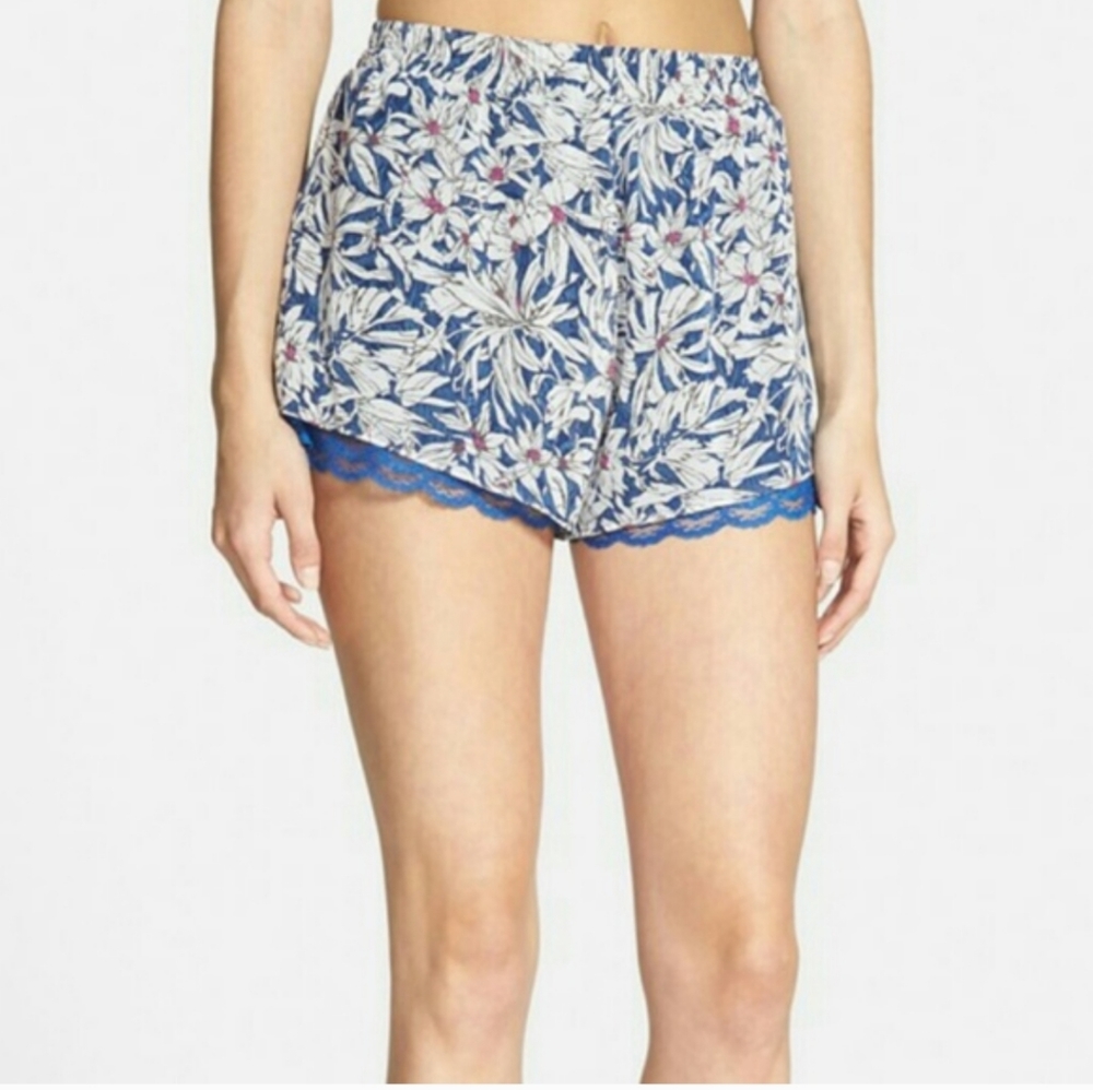 LUSH Blue pink white floral shorts lace edged lined elastic waist NWT